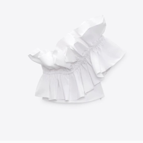 NWT Zara Blogger Fav Asymmetrical One Shoulder Poplin Ruffle Top White - Picture 9 of 16